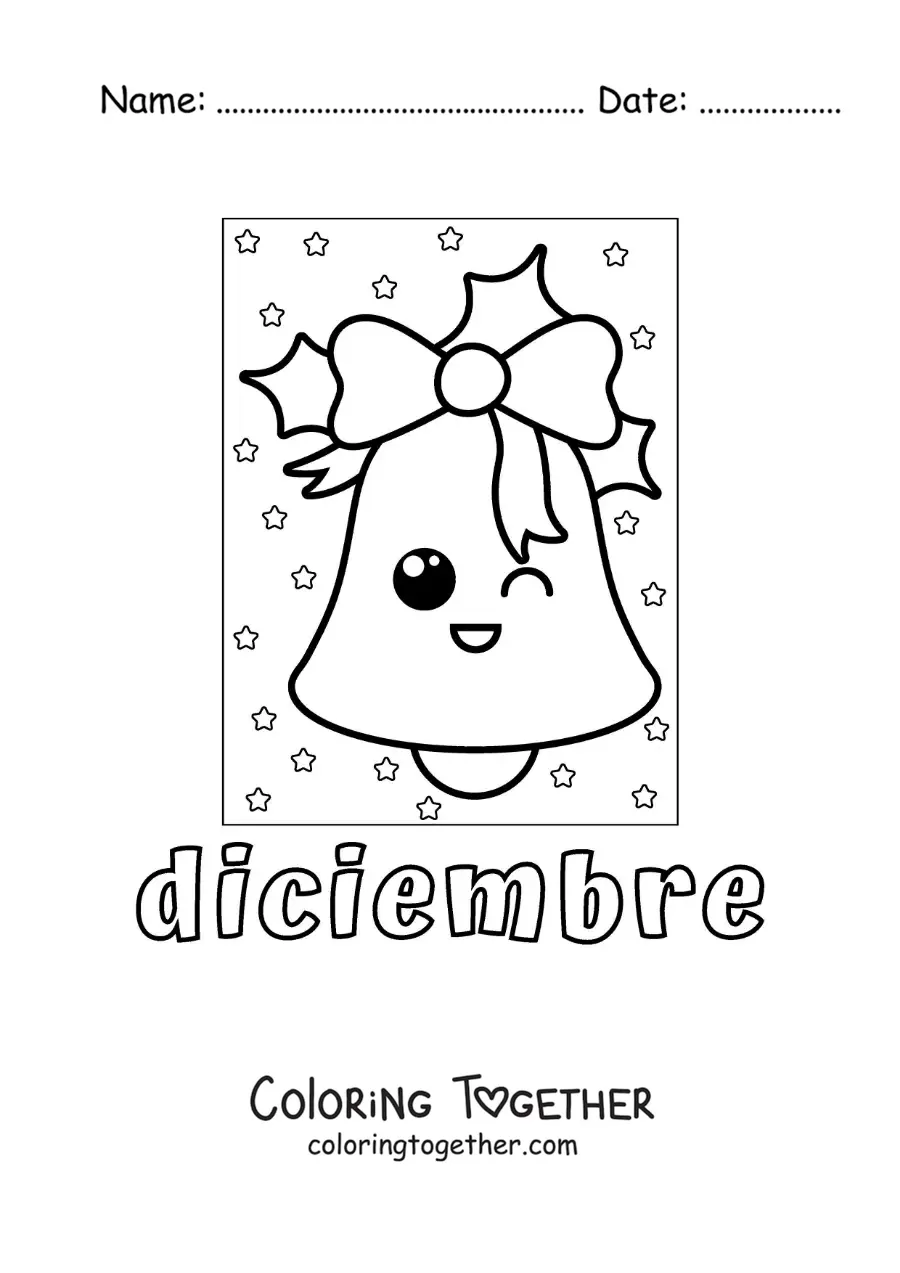 Coloring page of december with a cute kawaii cartoon Christmas bell