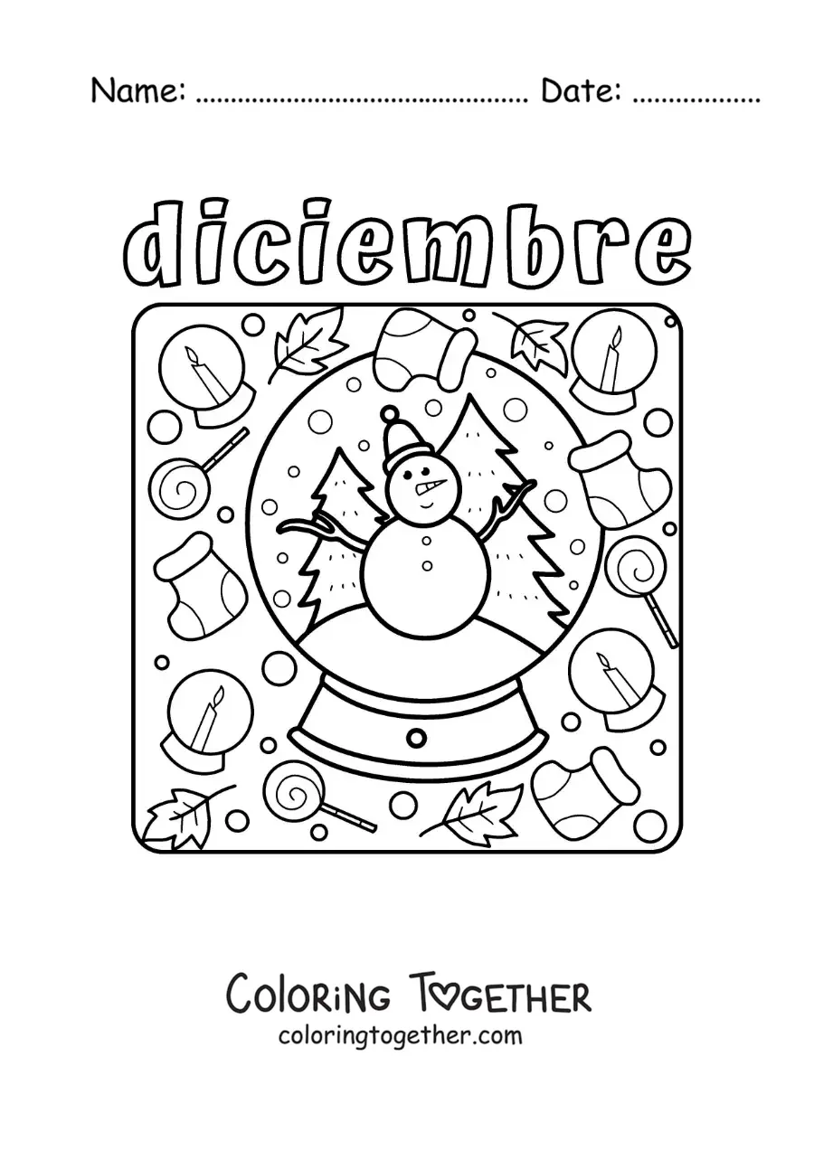 Coloring page of december with a cartoon snow globe