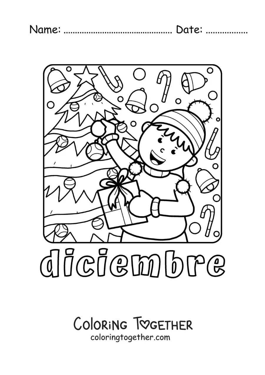 Coloring page of december with a child holding gifts next to the Christmas tree