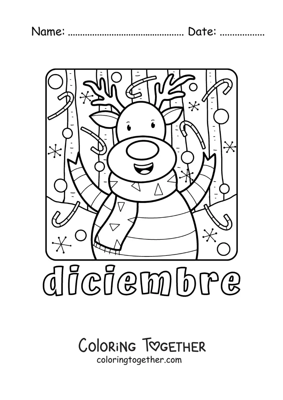 Coloring page of december with a cartoon Christmas reindeer