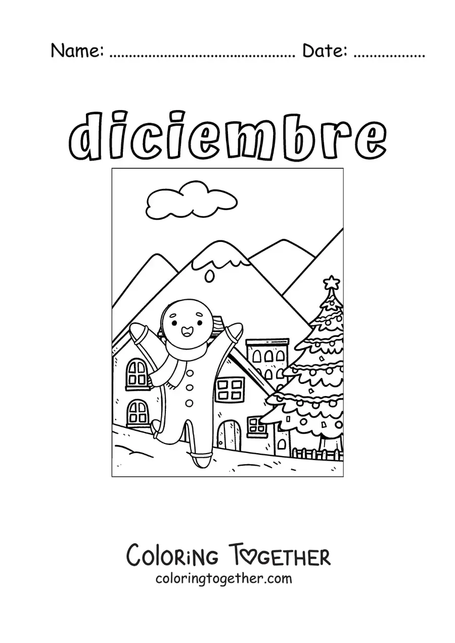 Coloring page of december with a cartoon Christmas gingerbread man
