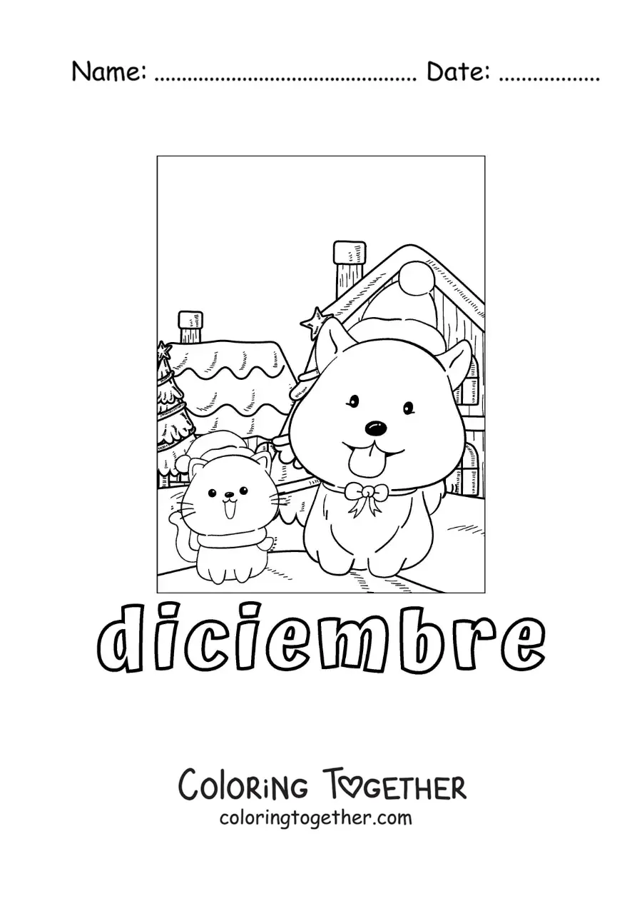 Coloring page of december with a cartoon Christmas dog and cat