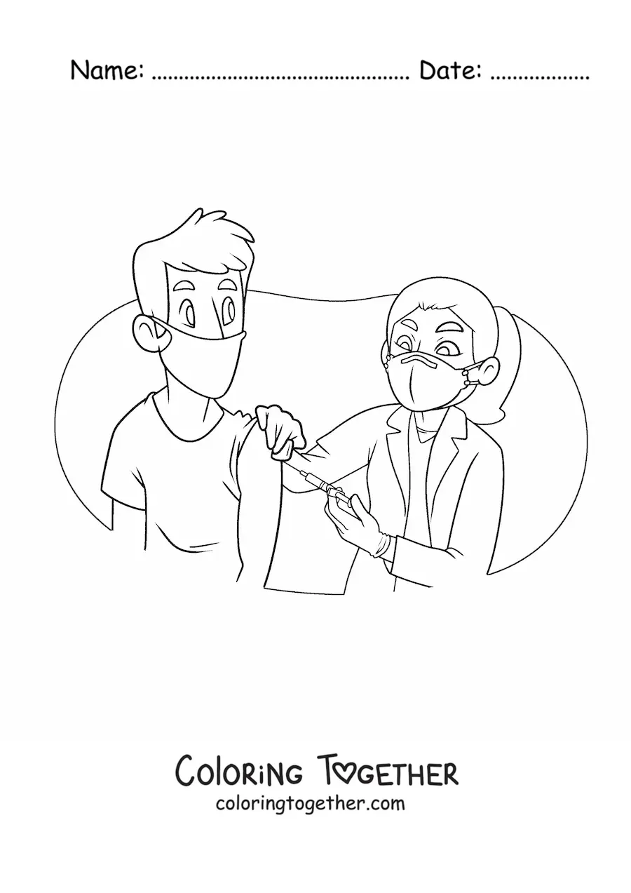 Coloring page of a female doctor vaccinating a patient
