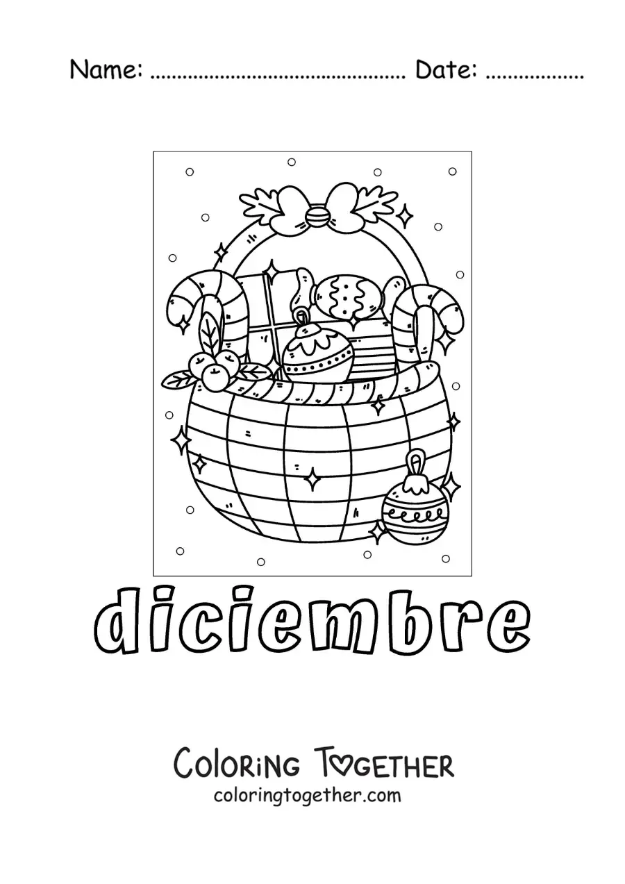 Coloring page of december with a Christmas gift basket
