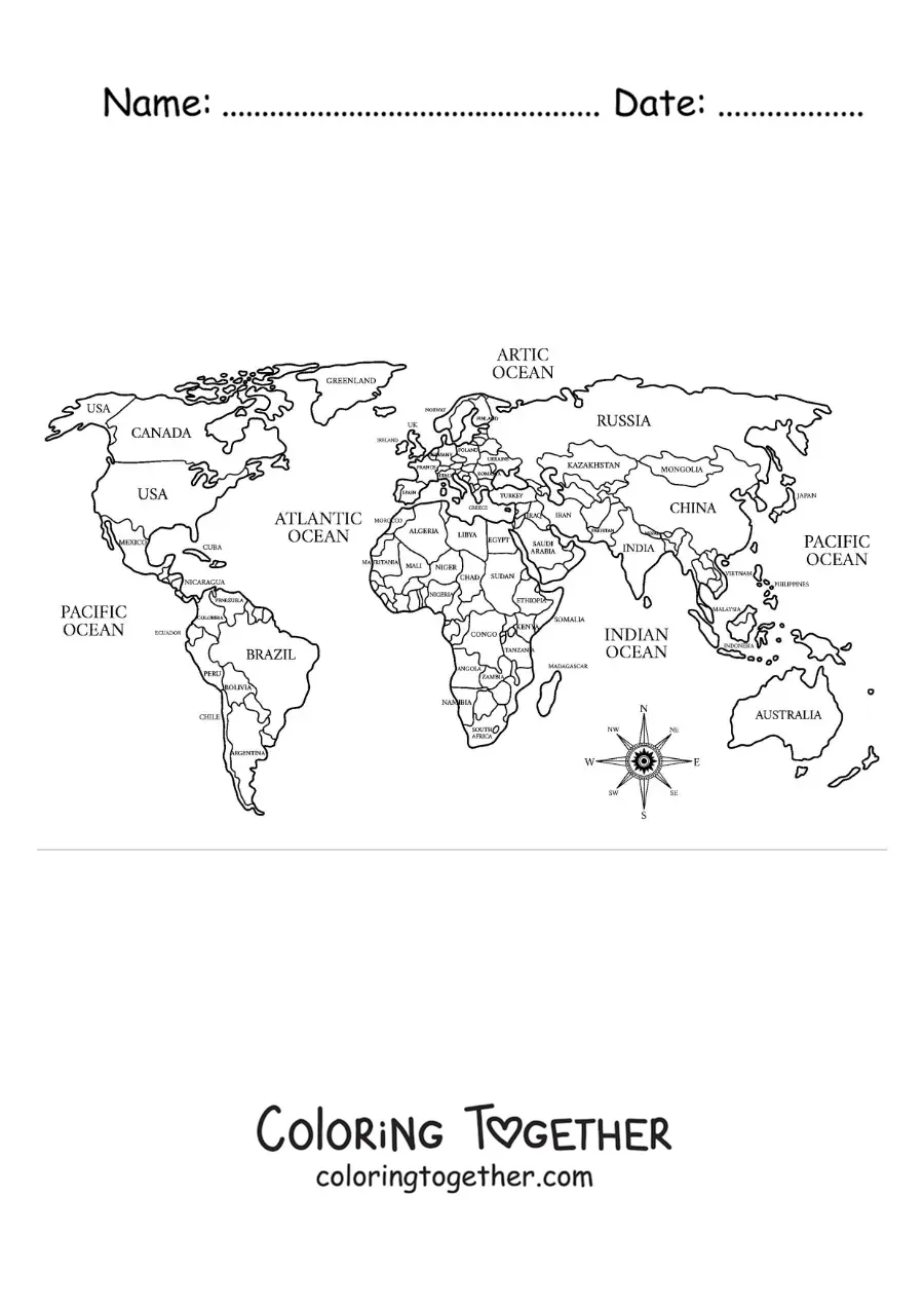 Coloring page of a political world map with the names of the countries