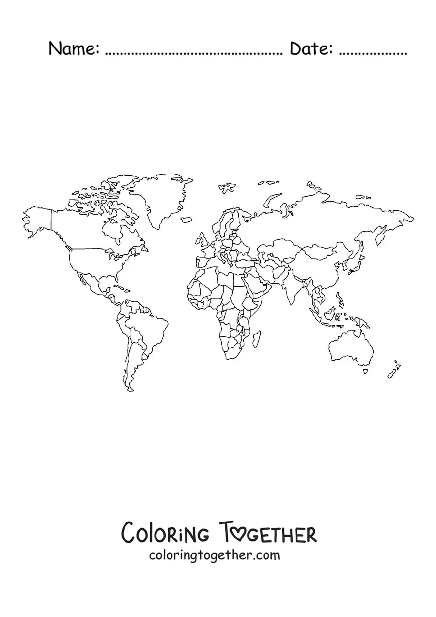 Coloring page of a political world map