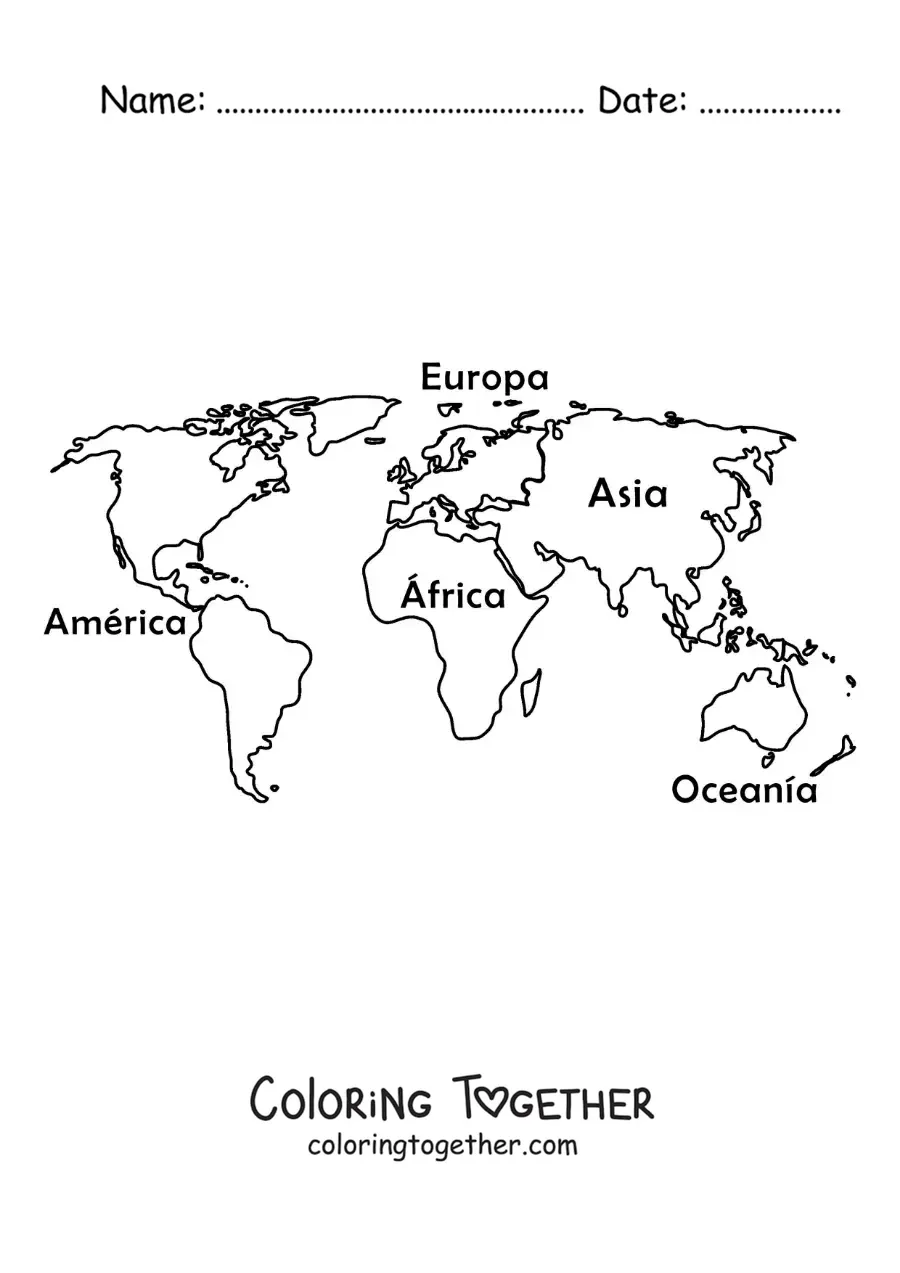 Coloring page of a world map with the names of the continents