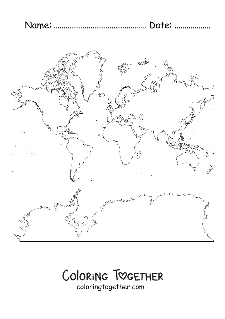 Coloring page of a Mercator world map with Antarctica
