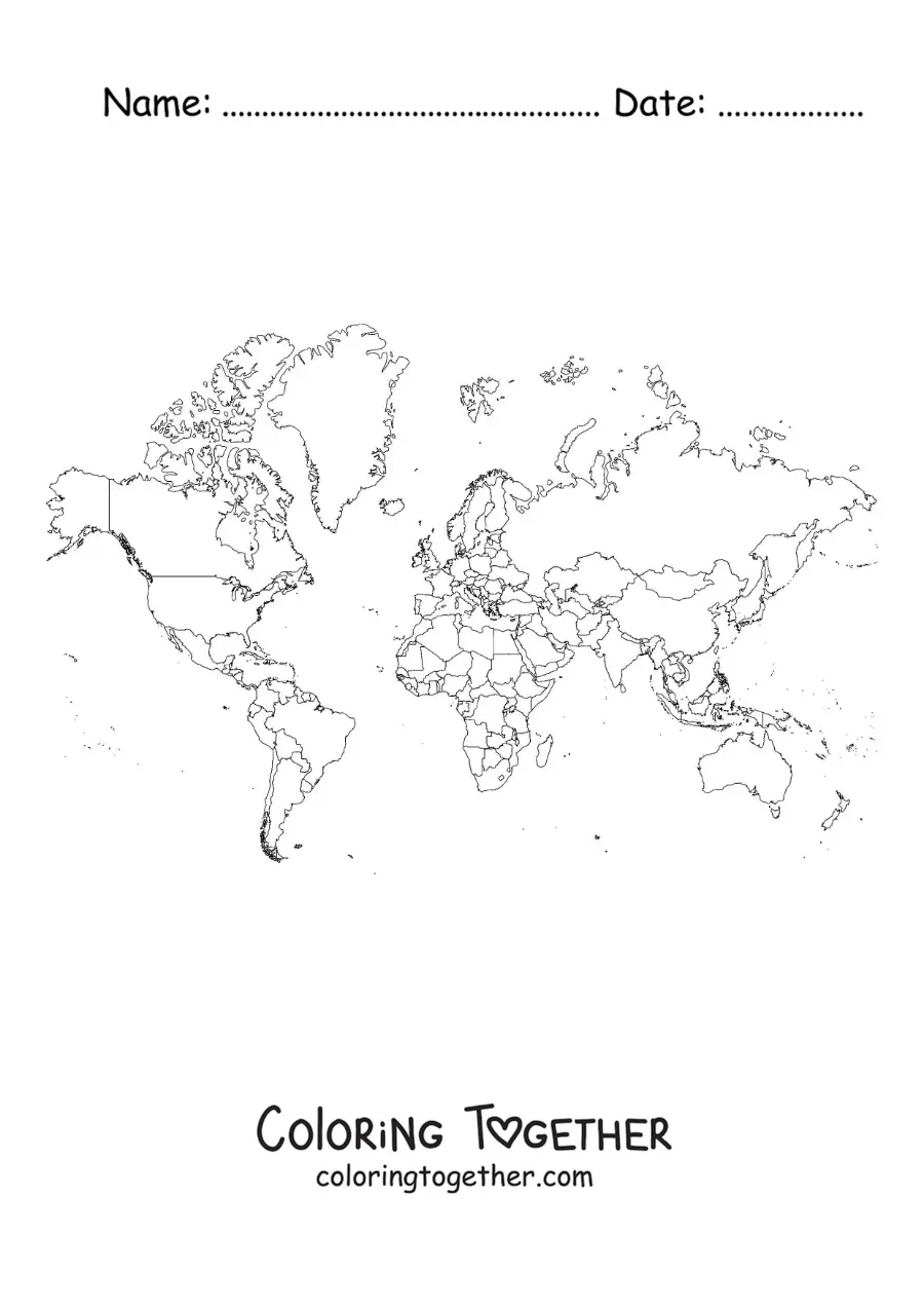 Coloring page of a political Mercator world map