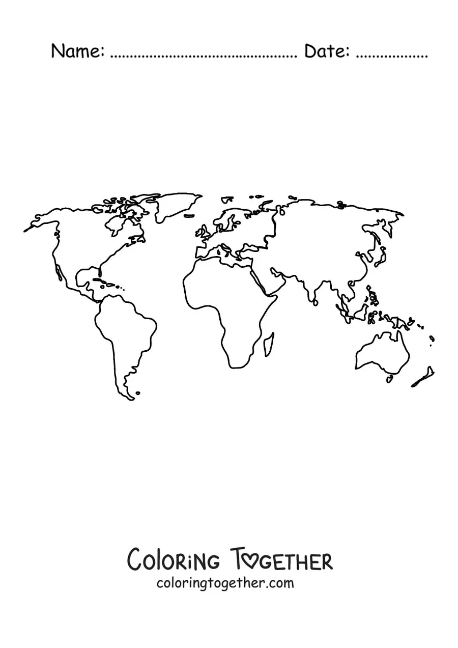 Coloring page of a world map with the continents
