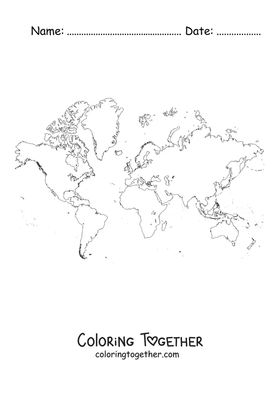 Coloring page of a Mercator projection world map