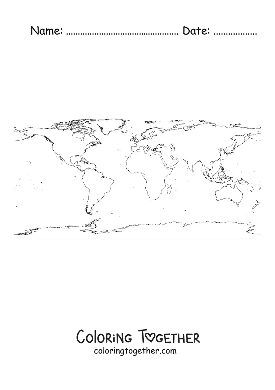 Coloring page of a world map with an equirectangular projection