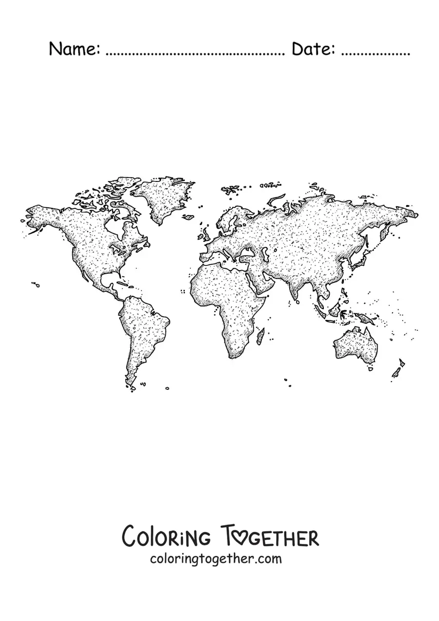 Coloring page of a world map