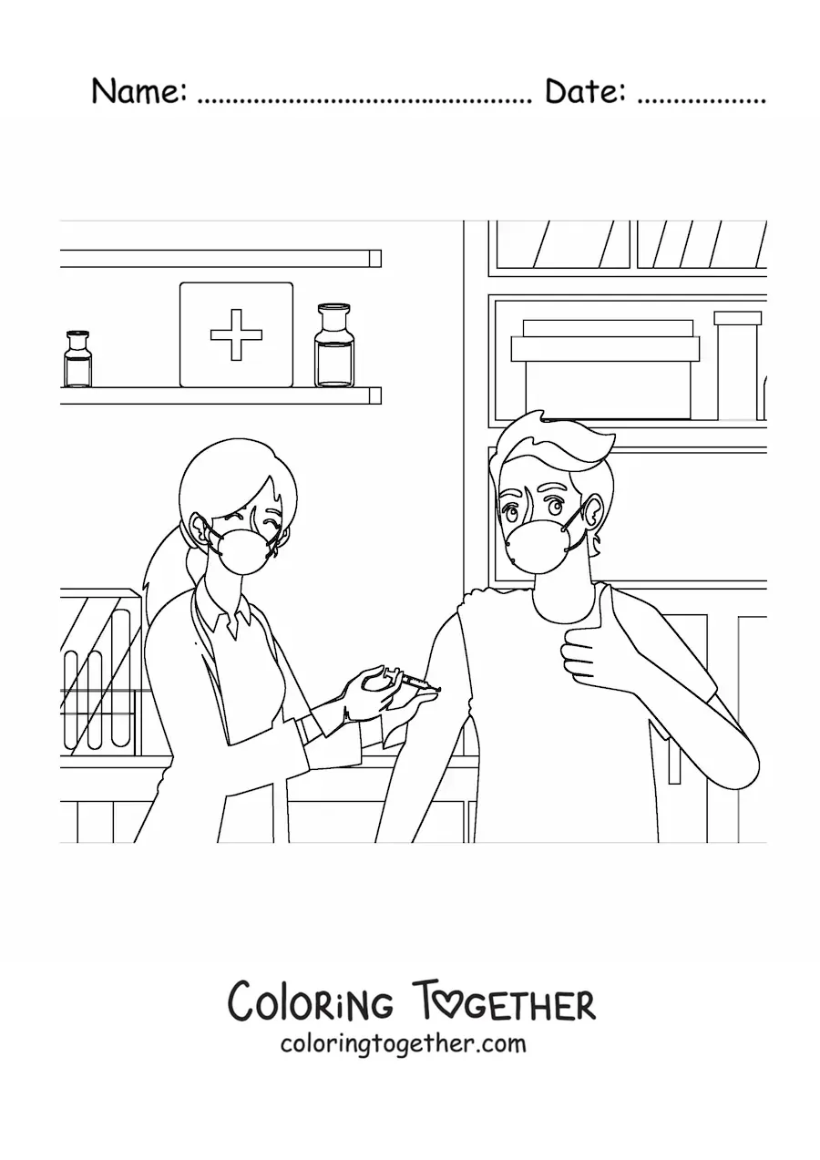 Coloring page of a female doctor vaccinating a patient in an office