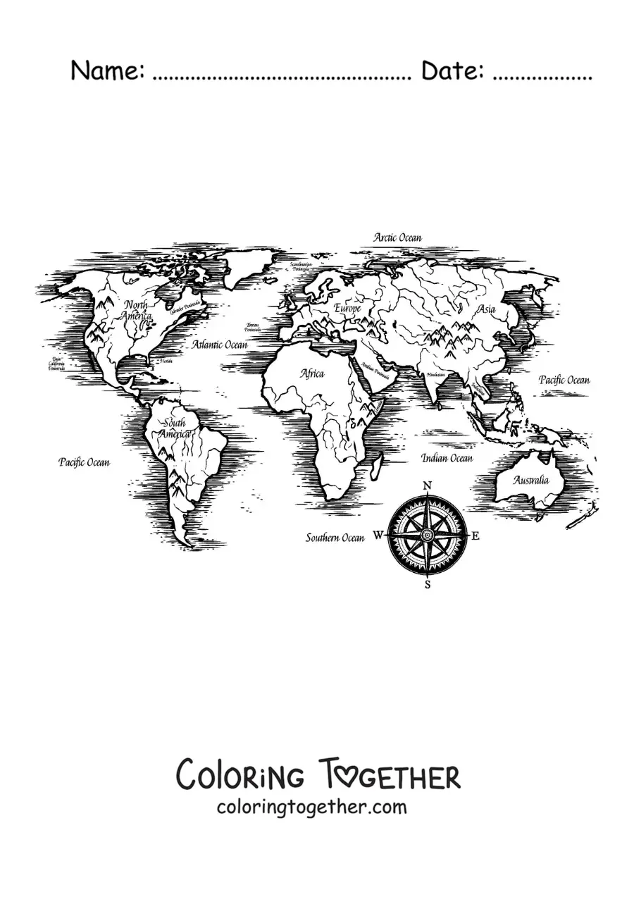 Coloring page of a planisphere with the continents