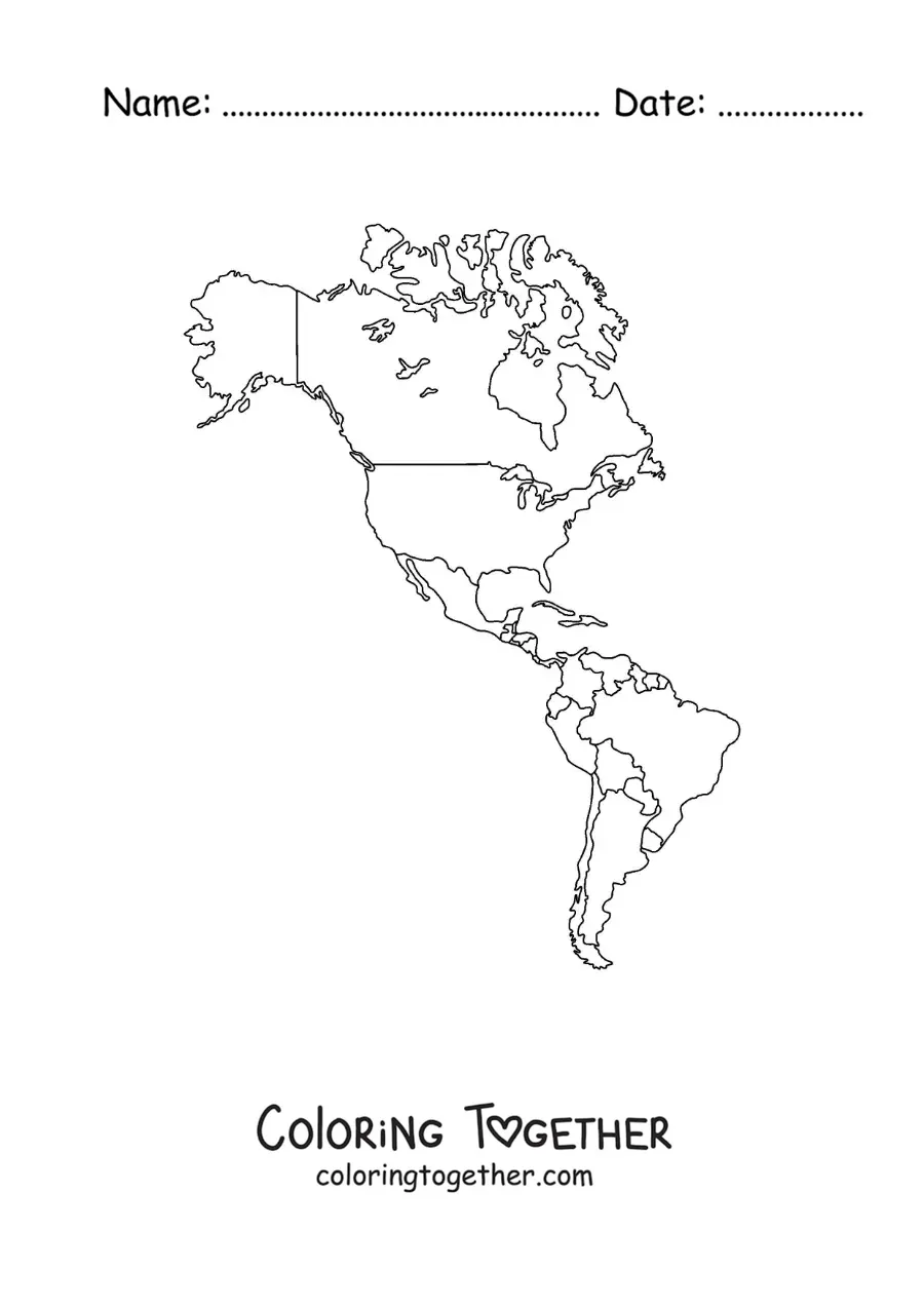 Coloring page of a map of the Americas without names