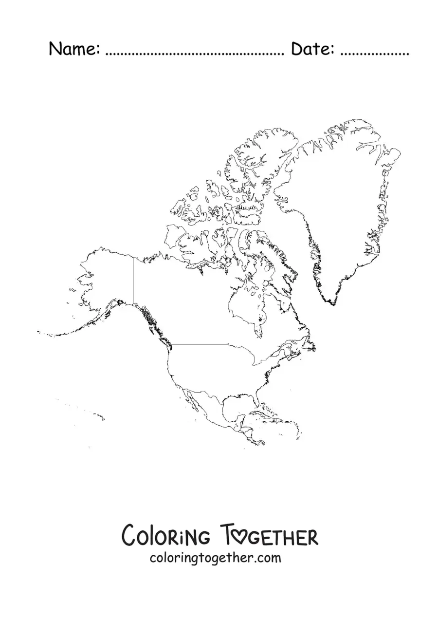 Coloring page of a map of North America without names