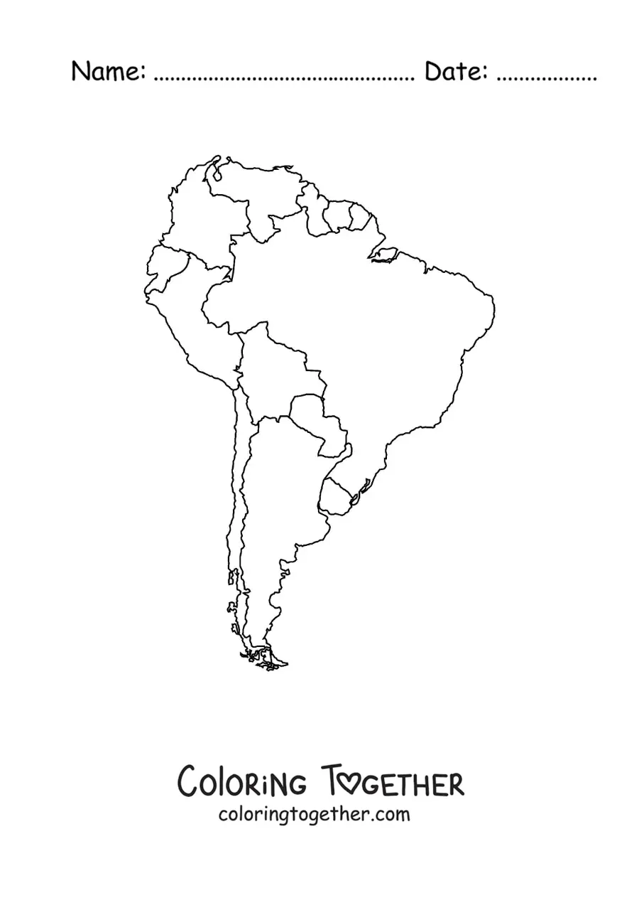 Coloring page of a map of South America without names