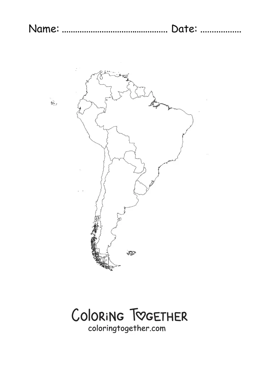 Coloring page of a map of South America