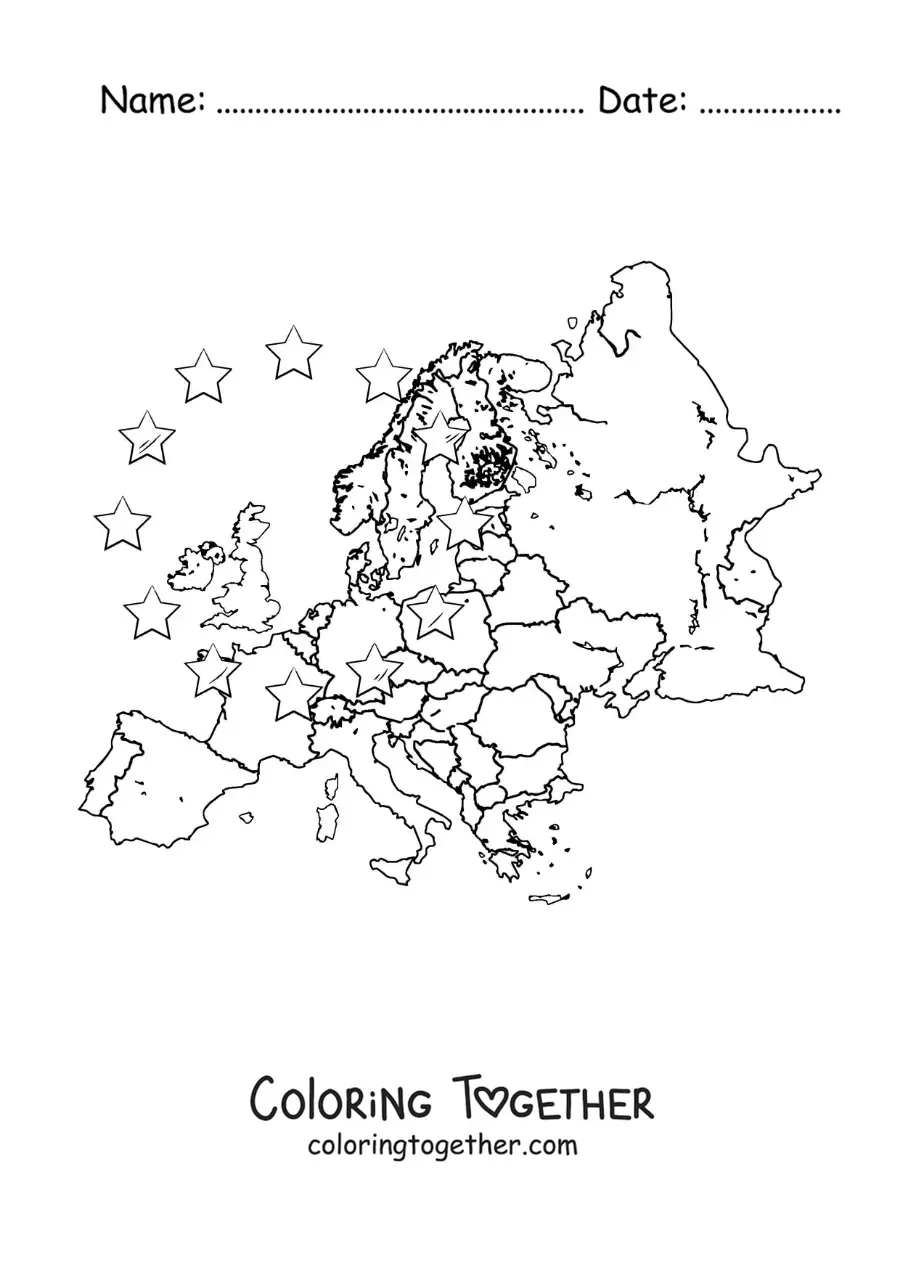 Coloring page of a map of the European continent without names