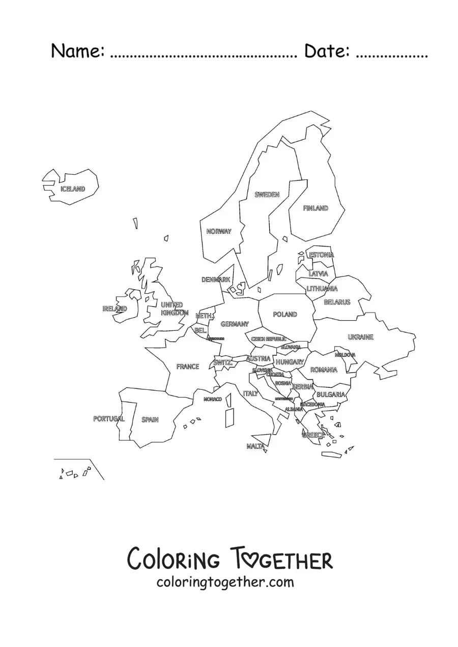 Coloring page of a map of the European continent with names