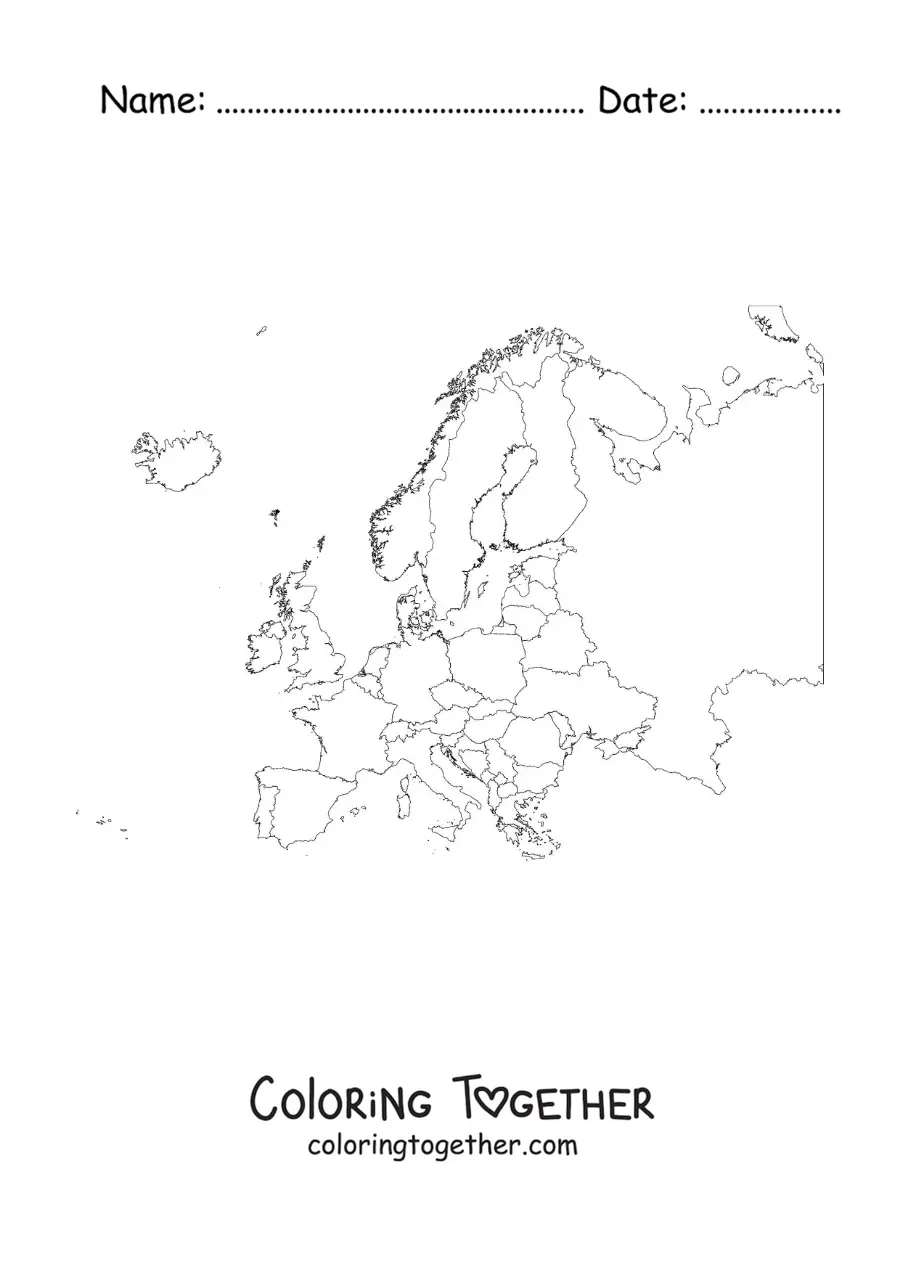 Coloring page of a political map of Europe