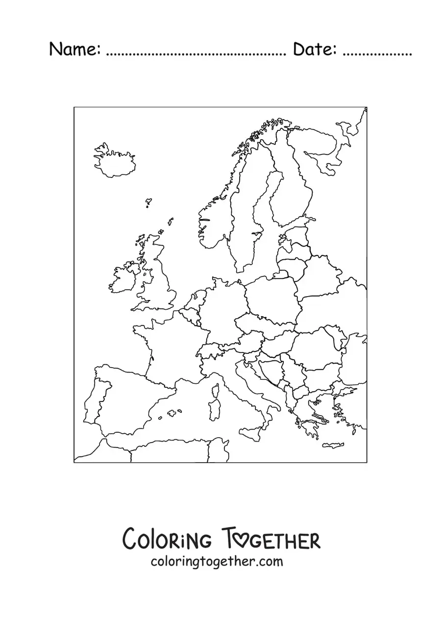 Coloring page of a political map of the European continent