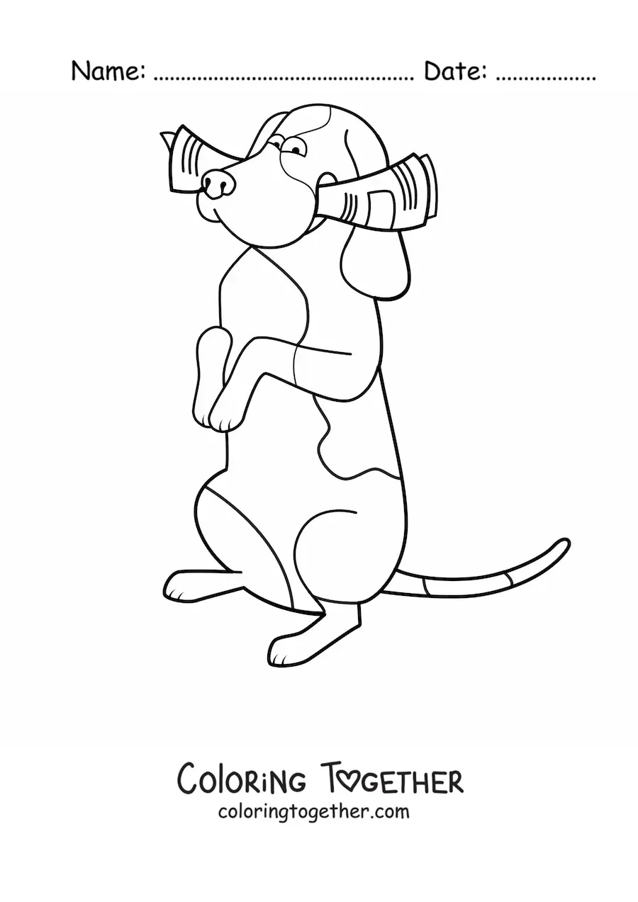 Coloring page of a basset hound standing on two legs and biting a newspaper