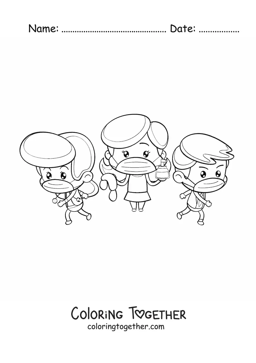 Coloring page of three kawaii doctors with face masks fighting the coronavirus