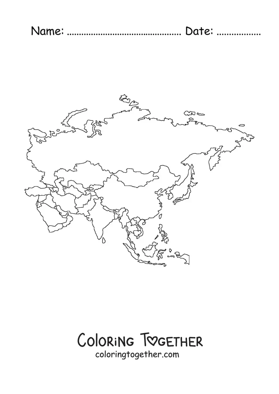 Coloring page of a map of the Asian continent without names