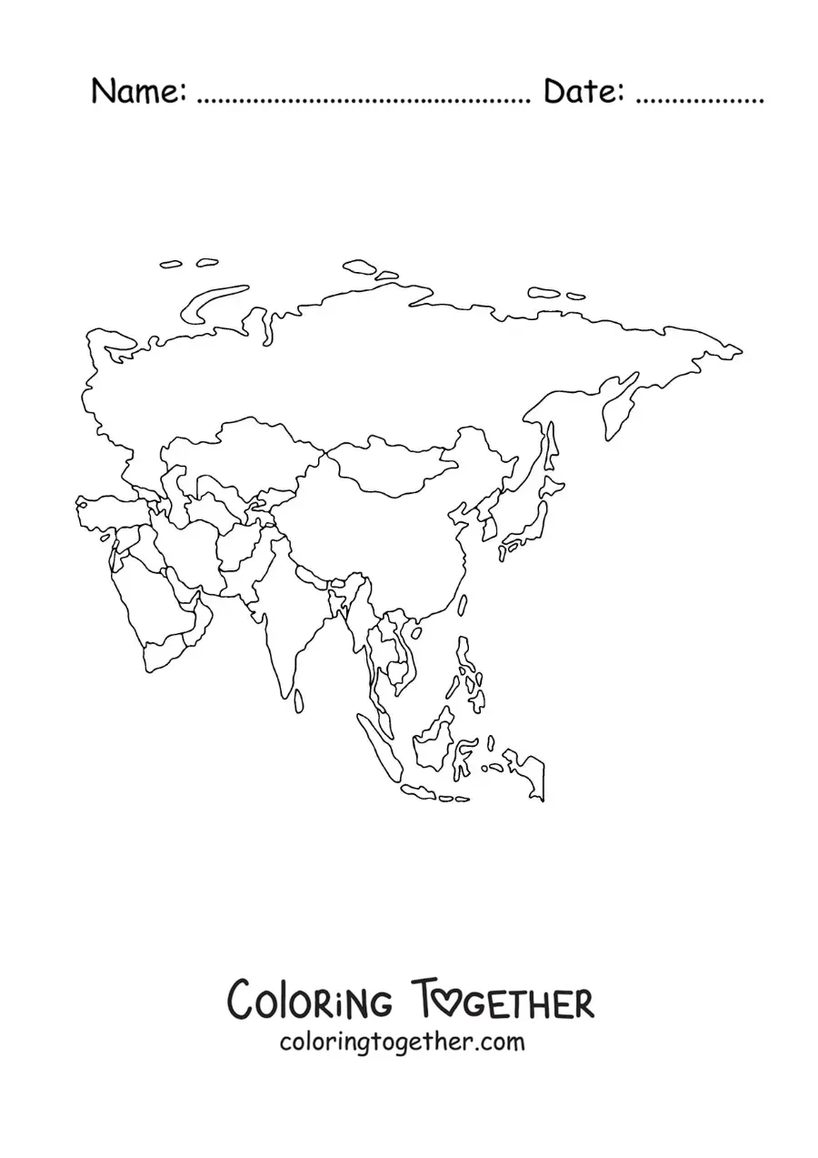 Coloring page of a map of Asia
