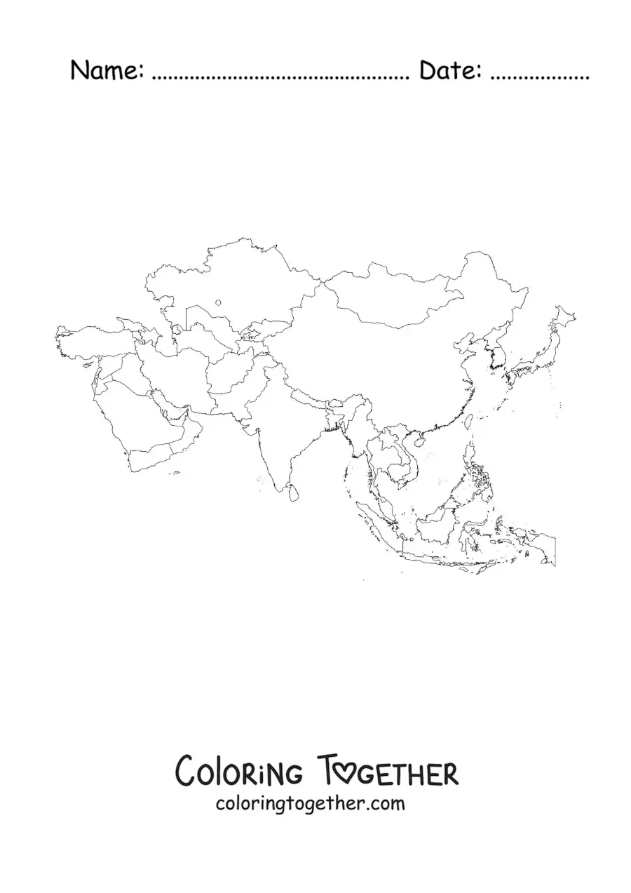 Coloring page of a political map of Asia