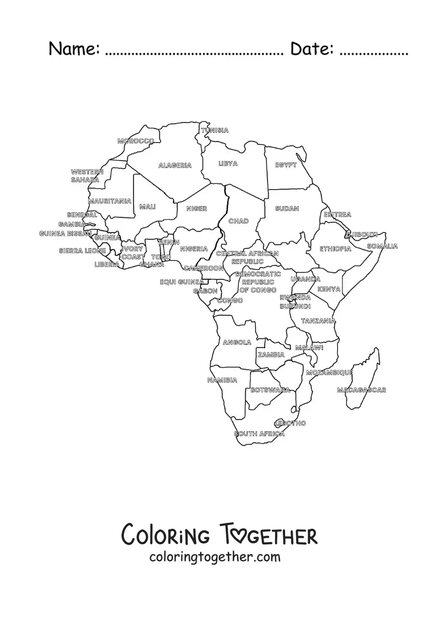 Coloring page of a political map of Africa with names