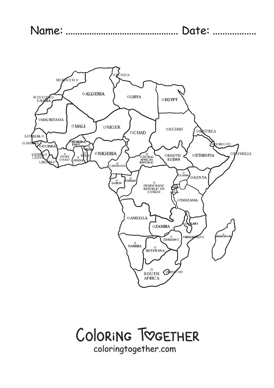Coloring page of a map of the African continent with names
