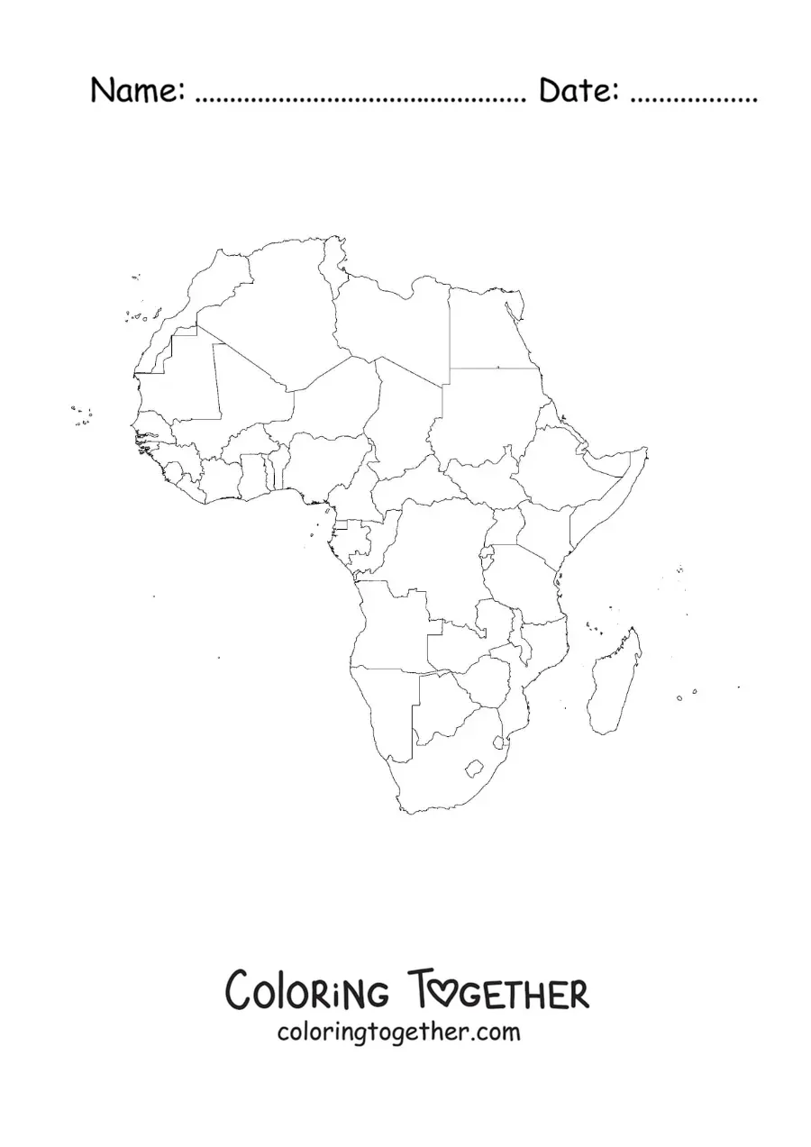 Coloring page of a map of the African continent