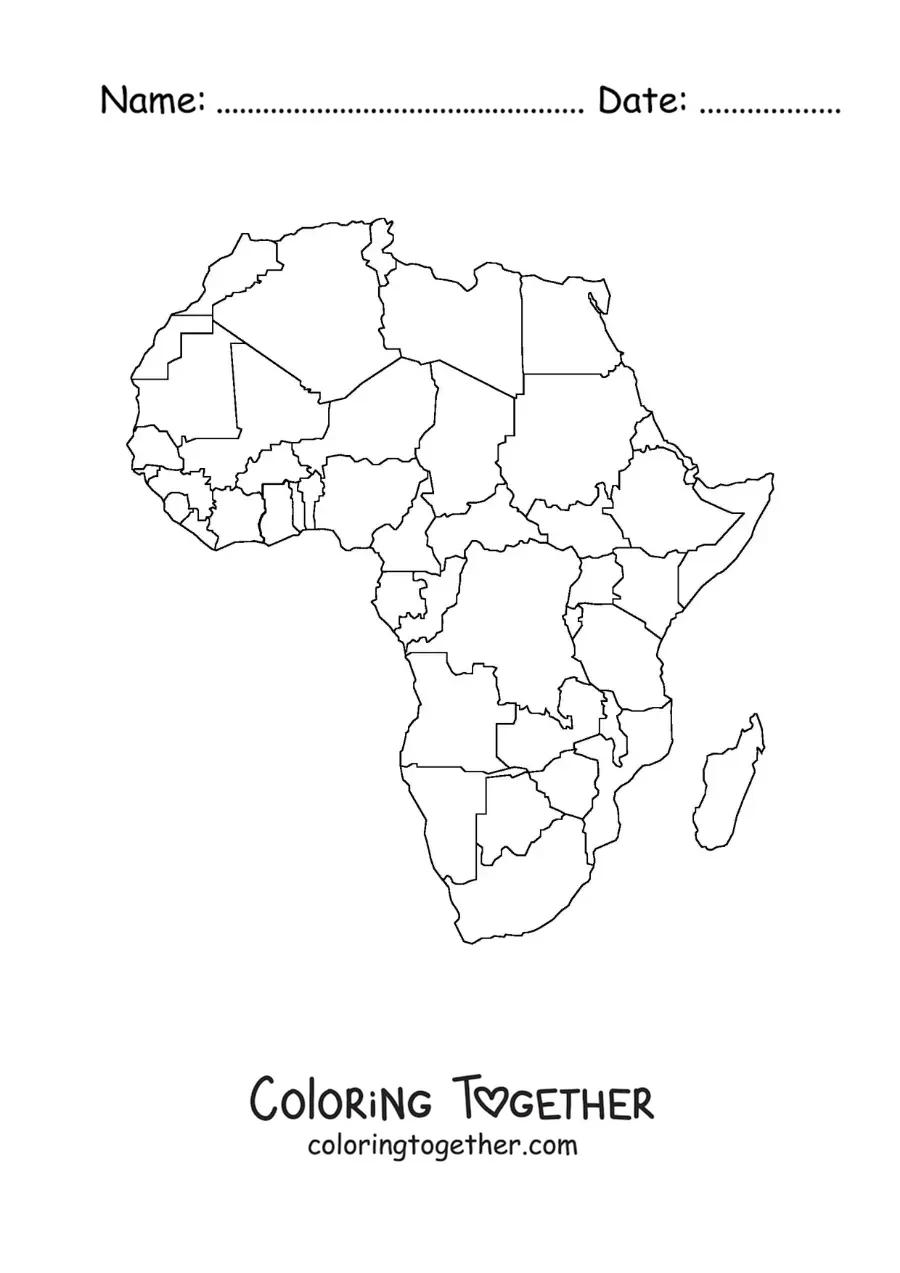 Coloring page of a political map of the African continent