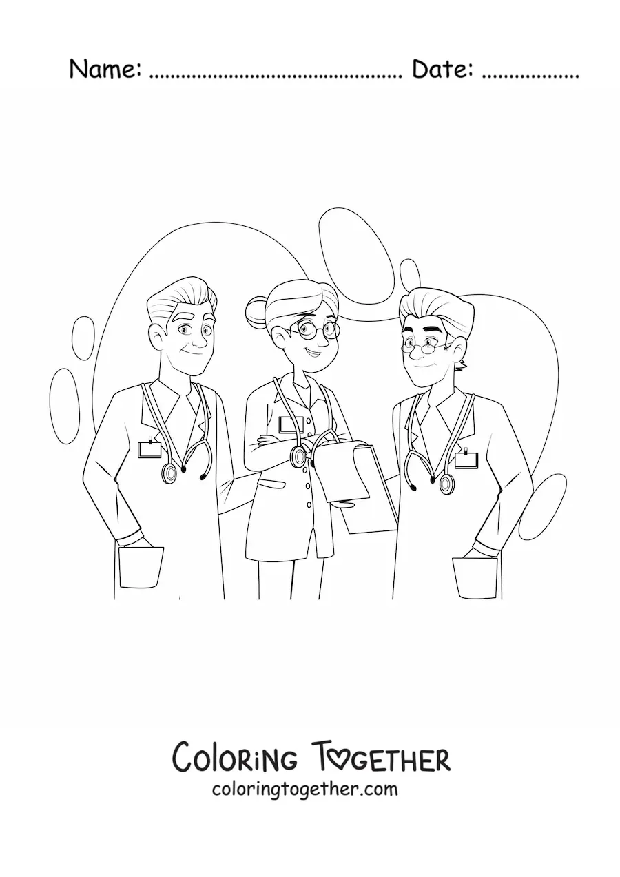 Coloring page of three doctors in uniform