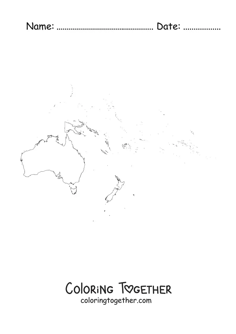 Coloring page of a map of the continent of Oceania