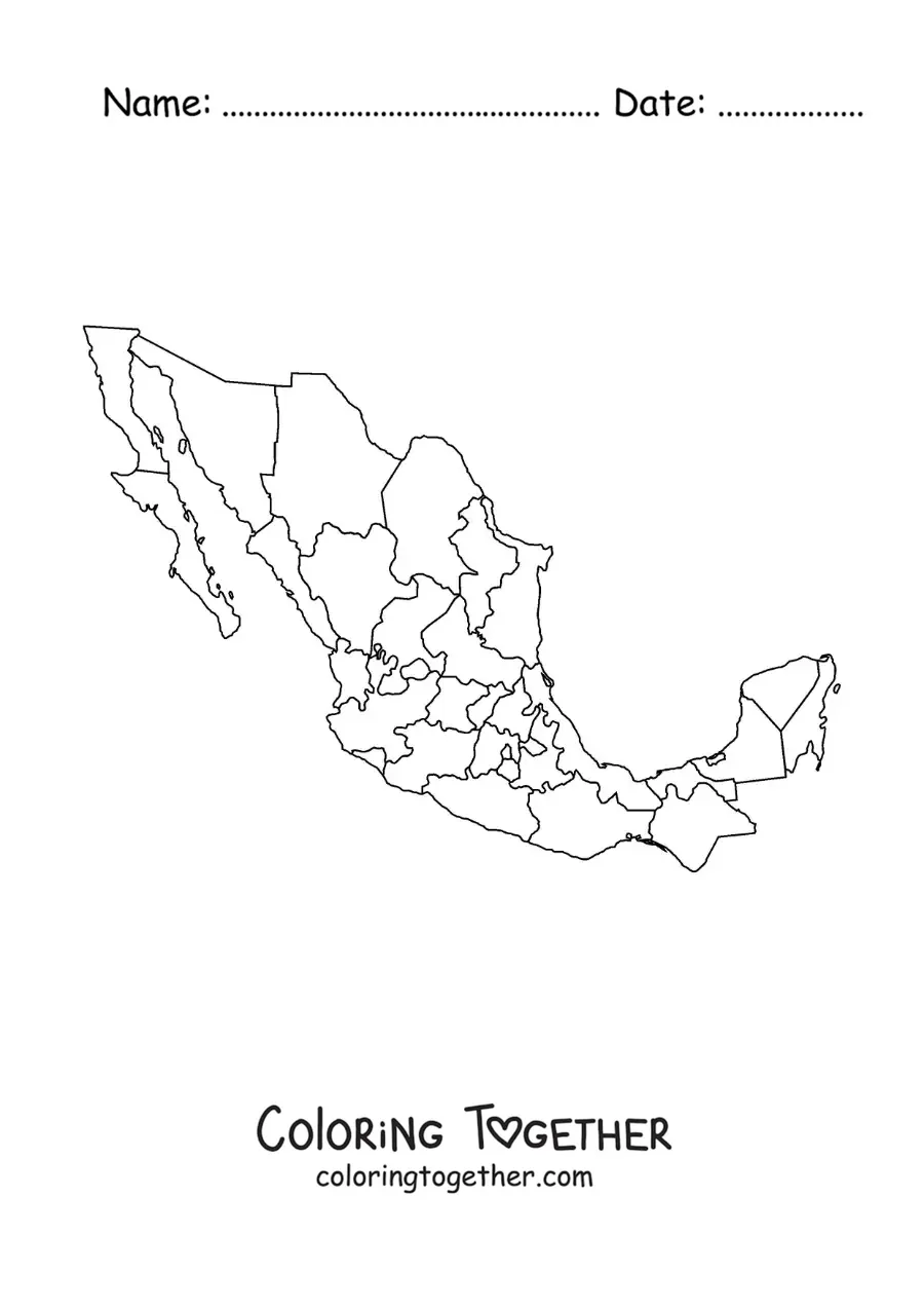 Coloring page of a political map of Mexico