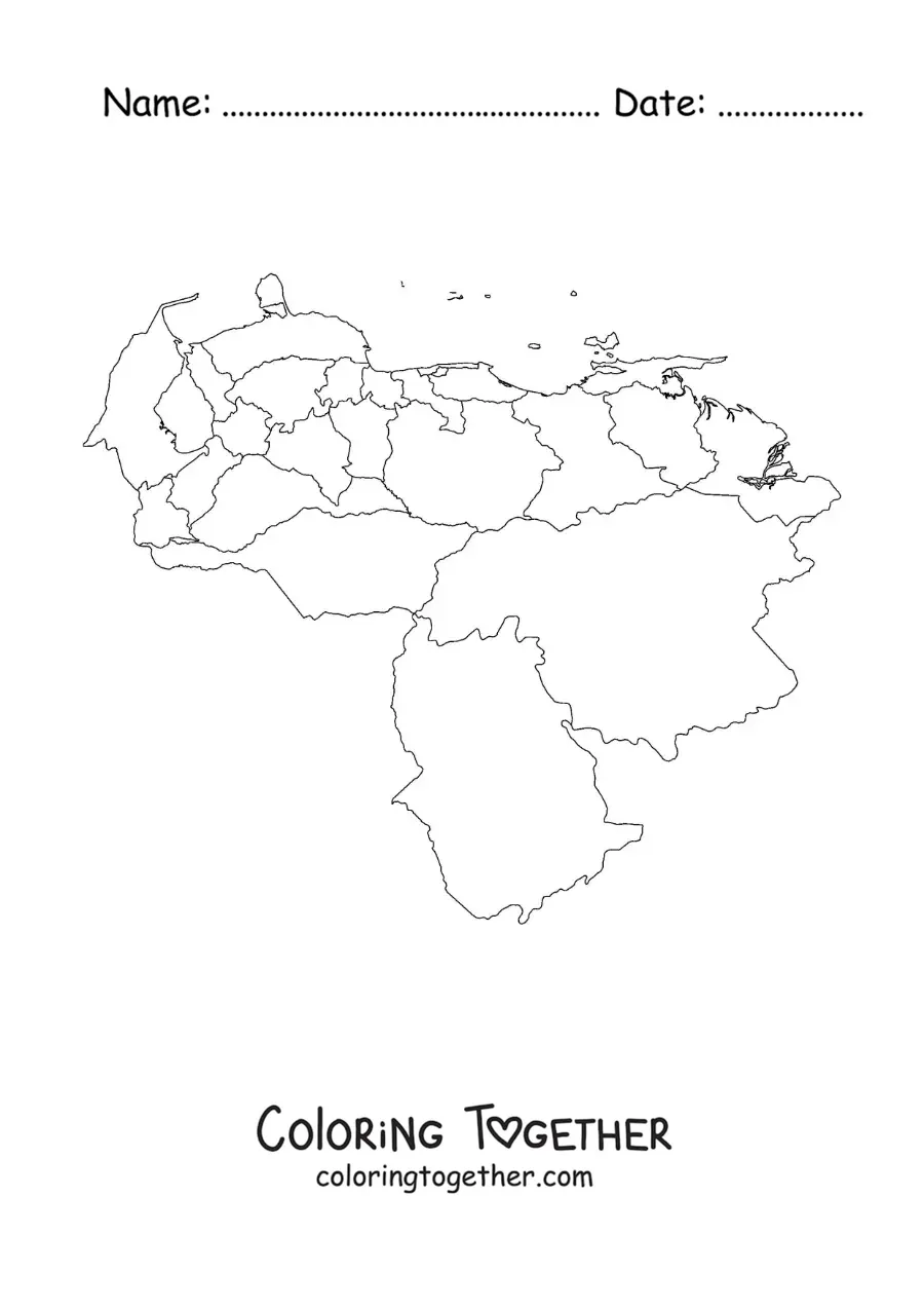 Coloring page of a political map of Venezuela