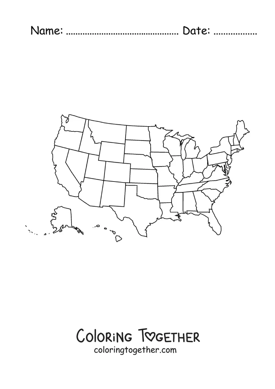 Coloring page of a political map of the United States