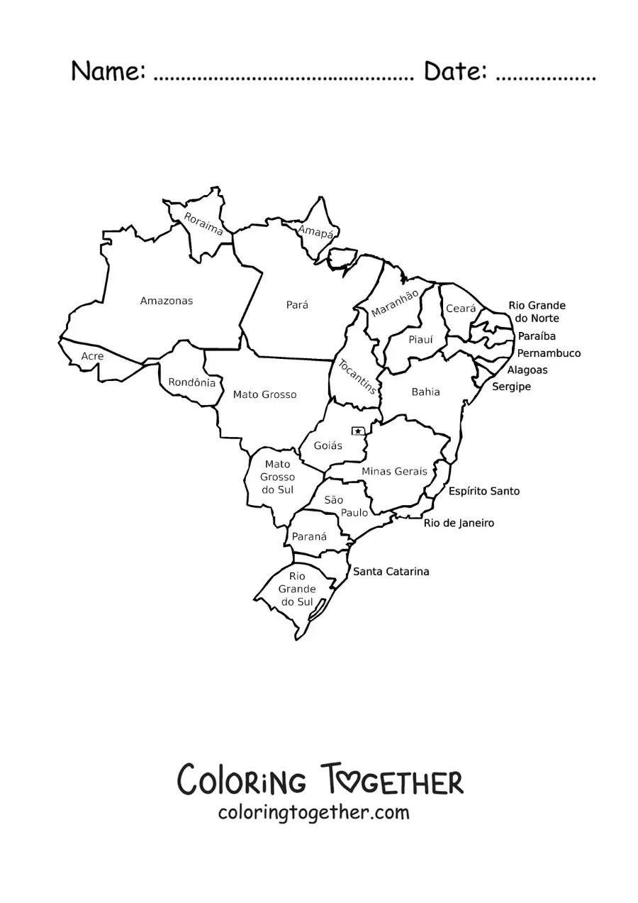 Coloring page of a political map of Brazil with names