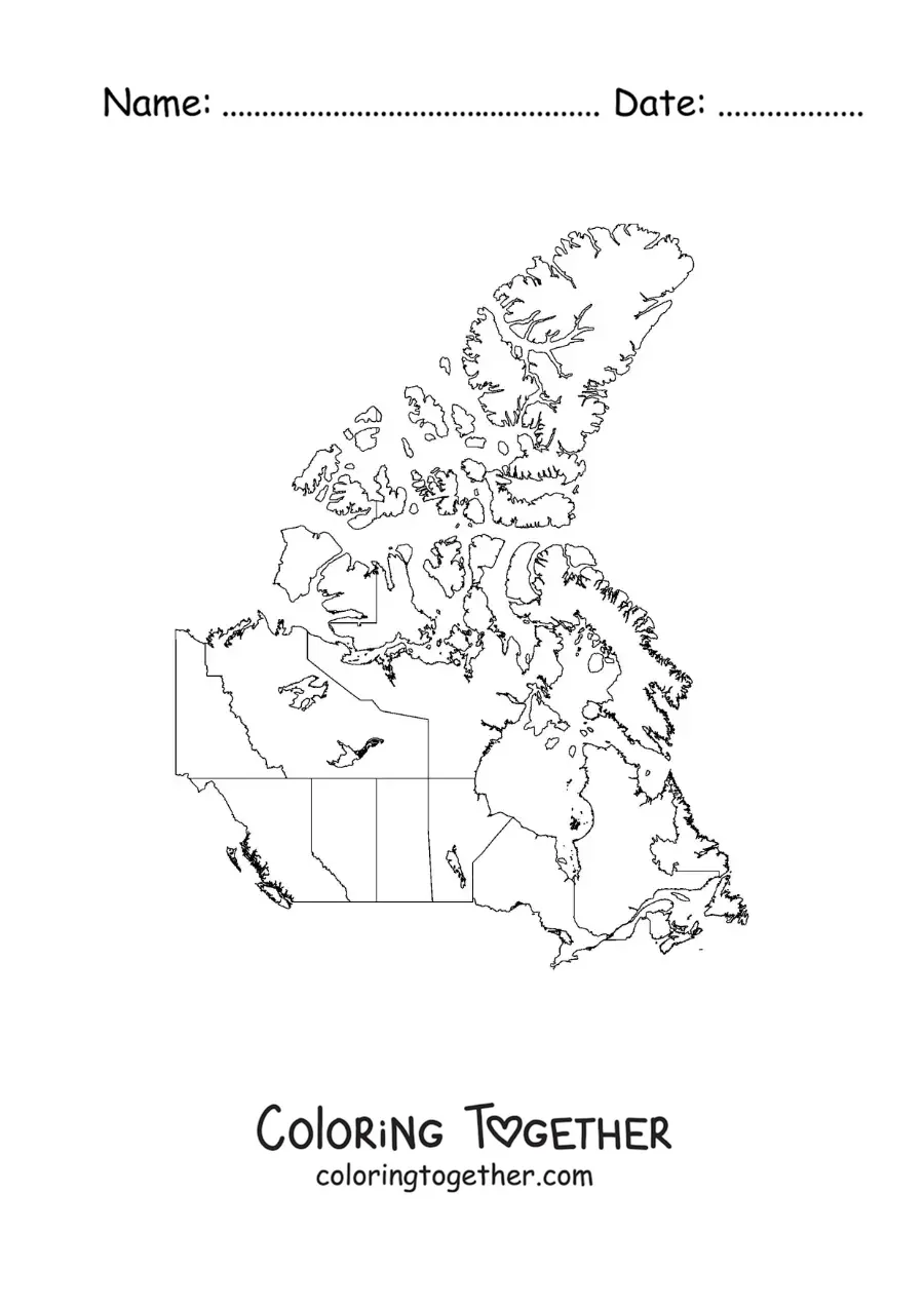 Coloring page of a political map of Canada