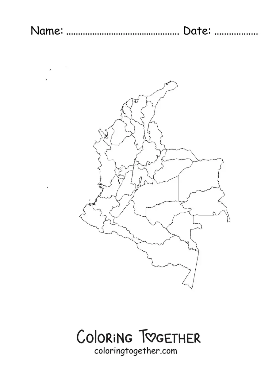 Coloring page of a political map of Colombia