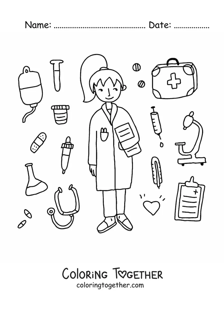 Coloring page of a cartoon female doctor surrounded by medical instruments