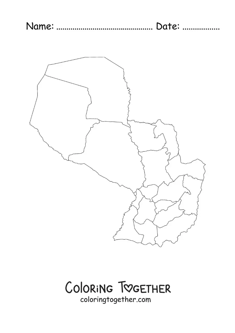 Coloring page of a political map of Paraguay