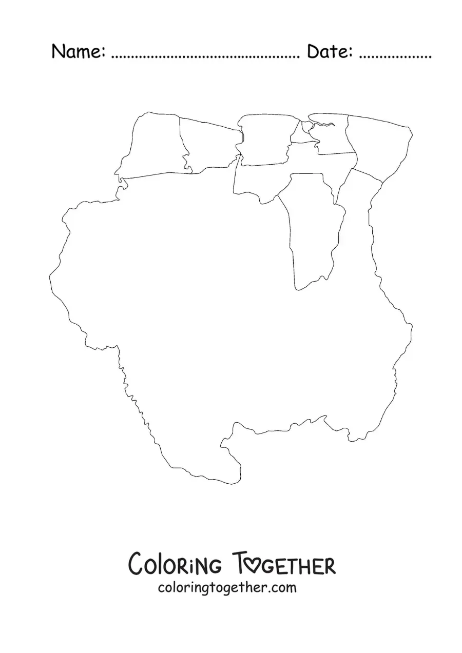 Coloring page of a political map of Suriname