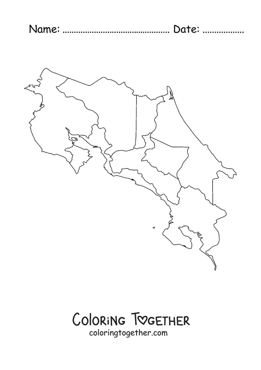 Coloring page of a political map of Costa Rica
