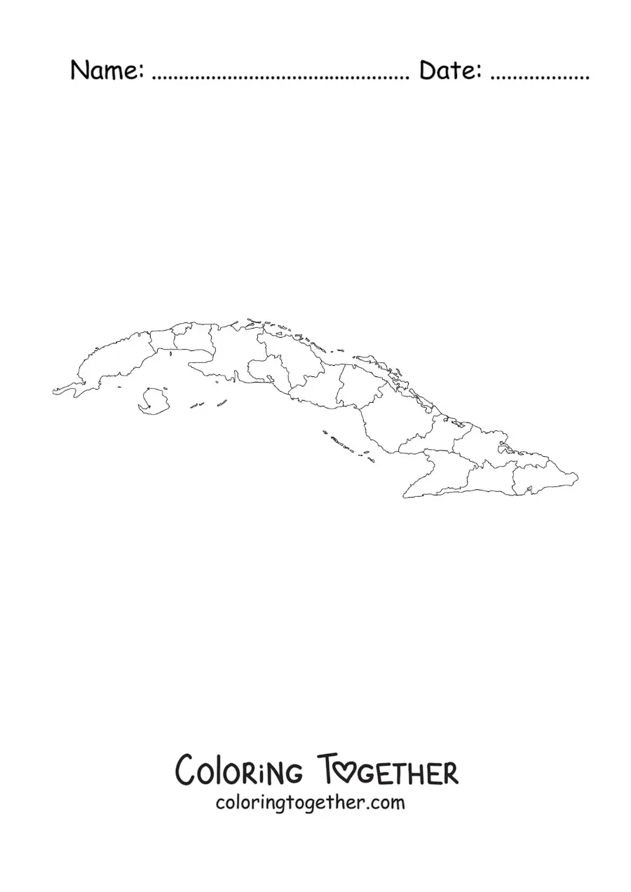 Coloring page of a political map of Cuba