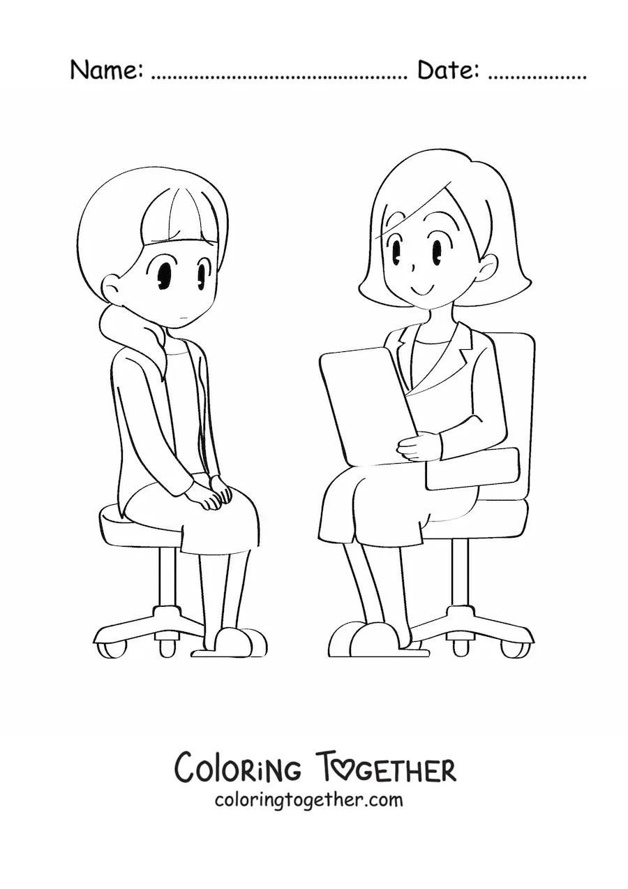 Coloring page of a cartoon female doctor attending a patient